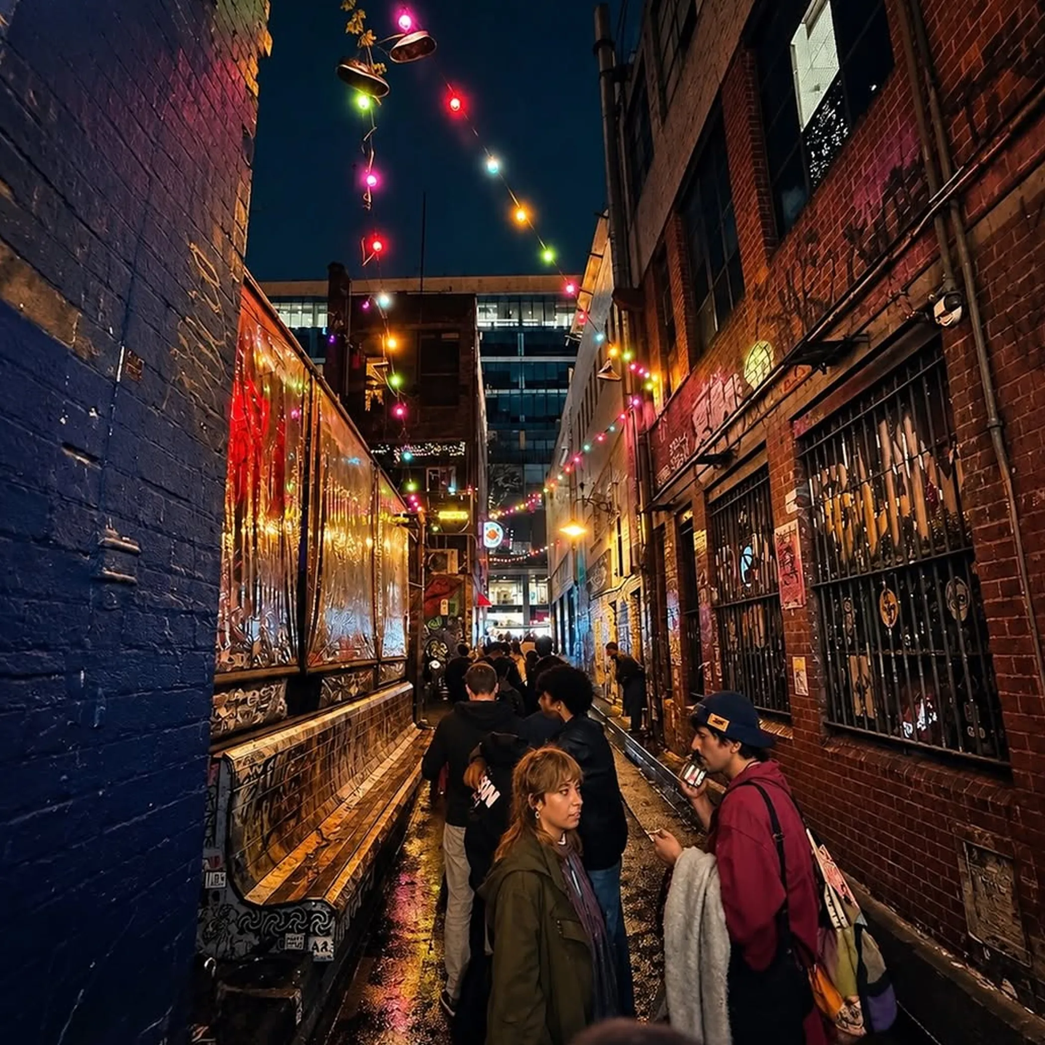 friends in colorful melbourne laneway